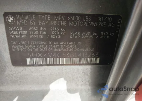 2011 BMW X5 xDrive35I/xDrive35I Premium/xDrive35I Sport Activity z USA, uszkodzony, nr VIN 5UXZV4C53BL413263